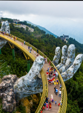 This image shows that Ba Na Hills is famous for its Golden Bridge, which is held up by massive hands and stretches across lush green valleys. The scenic cable car ride to the top offers panoramic views, while the bridge itself is a stunning architectural marvel that attracts visitors from around the world.