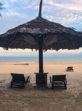 This image shows the serene Ho Tram Beach with golden sands stretching along the coastline. The clear blue waters are gently lapping at the shore, and a few palm trees provide shade, creating a tranquil atmosphere perfect for relaxation and unwinding away from the city hustle. The peaceful environment and soft waves make it an ideal destination for families, couples, or solo travelers looking for a quiet day by the sea.
