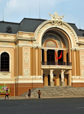 This image shows the Saigon Opera House, a magnificent architectural gem in Ho Chi Minh City. The building’s grand design and stunning interior host a variety of cultural performances such as ballets, operas, and plays. The opera house is a symbol of the city's rich cultural heritage and offers a memorable experience for those attending its performances.