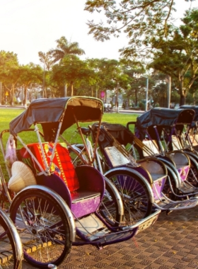 This image shows that taking a cyclo ride around the Hue Citadel is a unique and leisurely way to explore the city’s historic charm. The three-wheeled bicycle taxis in the image are being pedaled along scenic paths, surrounded by moats, ancient walls, and lush greenery. The relaxed pace allows visitors to enjoy the sights, snap photos, and experience Hue’s culture in a fun and engaging way.