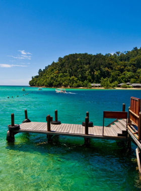 This image shows Lang Co Beach, a stunning coastal stretch in Vietnam, surrounded by lush green mountains and crystal-clear waters. The golden sandy shore meets the vibrant blue sea, creating a picturesque scene. The photo captures the natural beauty of the area with waves gently lapping the shore, making it a great spot for both relaxation and water sports enthusiasts.