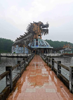 This image shows the iconic dragon sculpture at the abandoned water park near Thuy Tien Lake in Hue, Vietnam. The dragon’s intricate design and weathered exterior add an eerie yet captivating charm to the scene. Surrounded by dense foliage and a quiet lake, this offbeat destination is a hidden gem for photographers and adventurers. The image reflects the mysterious and unique vibe of the location, which has become a popular spot for those seeking unusual travel experiences.