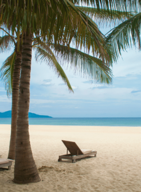 This image shows the beautiful My Khe Beach in Da Nang with its golden sands and clear waters. People are lounging on beach chairs, enjoying the sun, while others walk along the shore or swim in the sea. The sky is painted with soft pink and orange hues, giving a peaceful atmosphere during sunset. The scene depicts the perfect escape for relaxation and enjoying the natural beauty of the beach.