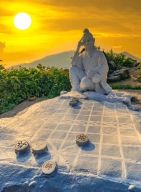 This image shows Ban Co Peak, located on Son Tra Mountain in Da Nang, Vietnam. The peak offers stunning panoramic views of the city, the coastline, and surrounding hills. People can be seen at the top, taking in the breathtaking scenery and enjoying the fresh mountain air. The path to the peak involves a moderate hike, but the reward is worth it. The image highlights the natural beauty and tranquil atmosphere of Son Tra Mountain, making it a popular destination for hiking and sightseeing.