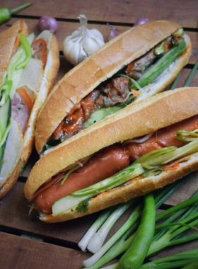 This image shows Banh Mi Co Ba, a popular street food stall in Da Nang, offering freshly made Vietnamese baguette sandwiches. The image captures a banh mi being prepared, filled with grilled meat, pickled vegetables, fresh herbs, and flavorful sauces. Customers are seen queuing at the counter, emphasizing the popularity of this spot. The stall’s vibrant and casual setting adds to its charm as a go-to snack spot.