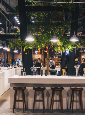 This image shows 43 Factory Coffee Roaster, a minimalist specialty café in Da Nang. The picture captures the sleek open-air design with wooden tables, greenery, and brewing stations. A barista is seen preparing coffee with precision, highlighting the café’s focus on high-quality, locally sourced beans. Customers are relaxing with lattes, espressos, and cold brews in a tranquil setting. The modern yet peaceful atmosphere makes it an ideal spot for coffee lovers and digital nomads.