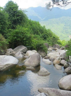 This image shows a group of hikers exploring a mountain trail during a Pure Paths Hiking Tour in Hoi An. The trail is surrounded by dense greenery and overlooks a clear blue river. The hikers, carrying backpacks, are immersed in the serene natural surroundings. The tour offers customizable routes for all levels, providing an opportunity to connect with nature, discover Vietnam’s pristine landscapes, and enjoy an unforgettable hiking adventure.