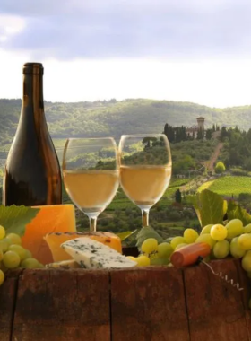 This image shows a wine-tasting experience in Tuscany, Italy, surrounded by rolling vineyards and rustic villas. Guests enjoy glasses of Chianti wine paired with fresh local cheese and olive oil. The picturesque setting, golden sunlight, and rich flavors make it an unforgettable experience for food and wine lovers.