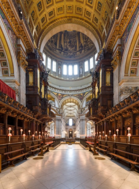 This image shows the magnificent dome of St. Paul’s Cathedral, an iconic landmark in London known for its stunning architecture and historical significance. Visitors can explore the cathedral’s beautiful interior, including its crypt and stunning mosaics. The dome offers breathtaking views of the city from the top, making it a must-visit spot for those interested in both religious history and architecture. The cathedral stands as a symbol of resilience and a testament to London’s rich heritage.