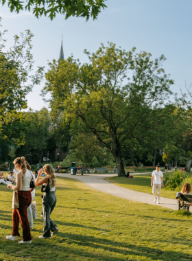 This image shows visitors enjoying a peaceful walk through Vondelpark, Amsterdam’s largest and most beautiful park. The park offers ample green space, making it ideal for a jog, picnic, or just a leisurely stroll. In the summer, you can enjoy open-air theatre performances or relax by the lakeside. The park is filled with cyclists, street musicians, and nature lovers. It’s a perfect escape for anyone looking to unwind amidst lush greenery.