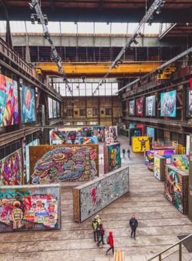 This image shows NDSM Wharf, an artsy and alternative area in Amsterdam, once a shipyard and now home to street art, creative installations, and vibrant industrial-style bars. It’s a hub for local artists and visitors alike, offering a bohemian vibe and unique cultural experiences. You can also enjoy drinks at trendy spots like Pllek, where you can sip a beer while sitting in the sand. Accessible by a free ferry from Amsterdam Central Station, NDSM Wharf is a must-see for art and culture lovers.