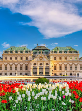 This image shows Belvedere Palace, a breathtaking baroque palace in Vienna. The palace is famous for its stunning gardens, impressive architecture, and world-renowned art collection, including Gustav Klimt's “The Kiss.” Visitors can explore the Upper and Lower Belvedere, enjoy the peaceful gardens, and admire both historical and contemporary artworks. The beautiful view over the city from the Upper Belvedere makes it an unforgettable experience.