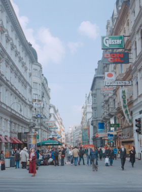 This image shows Kärntnertorstraße, one of Vienna’s main shopping streets. Lined with high-end boutiques, department stores, and international fashion brands, the street offers a prime shopping experience. The historic buildings add charm to the area, making it a pleasant place to shop and wander. You’ll also find charming cafes where you can take a break and enjoy the lively atmosphere of this busy, vibrant street in the heart of Vienna.