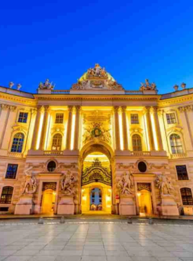 This image shows the Hofburg Palace in Vienna, once the center of the Habsburg monarchy. The palace complex houses several museums, including the Imperial Apartments and the Spanish Riding School. The architecture is grand and opulent, reflecting Austria’s imperial heritage. Visitors can explore its vast halls, gardens, and historical sites, providing a glimpse into the monarchy’s luxurious lifestyle and Austria’s rich political and cultural history.