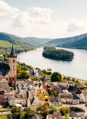 This image shows a boat ride on the scenic Rhine River, offering picturesque views of quaint towns, castles, and vineyards. The river winds through Germany’s stunning landscapes, providing a peaceful and leisurely way to admire the region’s natural beauty. Onboard, visitors can relax and enjoy the calm waters while exploring charming towns like Bacharach and St. Goar. A boat tour along the Rhine River is an unforgettable experience that captures the heart of Germany's romantic and historic landscape.