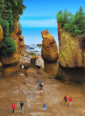 This image shows a group of kayakers paddling through the Bay of Fundy in New Brunswick, famous for having the highest tides in the world. The deep blue water flows between towering red cliffs, creating a dramatic and beautiful natural setting. The kayakers, dressed in life jackets, navigate the calm waters while exploring sea caves and rock formations that are only accessible during low tide. The sky is bright, and the reflection of the sun shimmers on the water. Seals and seabirds can be seen resting on the rocks, adding to the excitement of the journey. The changing tides transform the scenery throughout the day, making every kayaking trip unique. The Bay of Fundy is a paradise for adventure seekers and nature lovers, offering a chance to experience Canada’s coastal beauty up close. Whether you're a beginner or an expert paddler, this destination offers an unforgettable experience on the water.