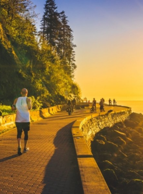 This image shows Stanley Park in Vancouver, a vast green space filled with towering trees, scenic walking trails, and a beautiful waterfront. People are walking and biking along the Seawall, enjoying views of the ocean and the city skyline. The park’s lush landscapes, famous Totem Poles, and the Vancouver Rowing Club can also be seen, highlighting the park’s mix of nature, history, and outdoor adventure. It is a perfect place for relaxation and outdoor activities.