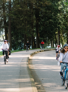 This image shows people cycling through Vancouver’s bike-friendly streets and scenic paths. A group of cyclists is riding along the Seawall, with Stanley Park’s greenery on one side and the ocean on the other. Others are exploring the urban streets of downtown, passing through neighborhoods like Yaletown and Gastown. The image captures the ease of renting bikes and enjoying the city’s fresh air, beautiful waterfront views, and safe biking routes, making it a perfect way to explore Vancouver.