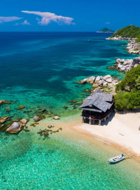 This image shows Shark Bay, a popular snorkeling spot in Koh Tao known for its vibrant marine life and colorful corals. The bay’s clear turquoise waters provide excellent visibility for spotting reef sharks and diverse underwater creatures. It is an adventurous paradise for snorkelers and nature enthusiasts, offering a unique underwater exploration experience.