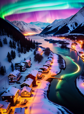 This image shows the mesmerizing Northern Lights dancing across the night sky above Banff National Park. The ethereal green lights create a magical scene, with the snow-covered landscapes below reflecting the glow. Seeing the Northern Lights in Banff is a rare and unforgettable experience, often visible during clear, cold winter nights. This image shows that Banff is an excellent place to witness the stunning beauty of the Aurora Borealis in the heart of the Canadian Rockies.