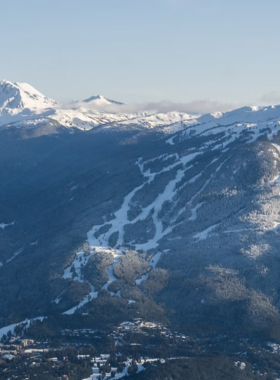 This image shows a breathtaking view of Whistler Blackcomb, North America's largest ski resort, covered in fresh white snow with skiers and snowboarders gliding down the slopes. Towering mountains in the background provide a stunning winter landscape, while ski lifts carry adventurers to the top. The blue sky contrasts beautifully with the white snow, making the scene vibrant and inviting. This image captures the thrilling experience of skiing and snowboarding in one of the world's most famous winter destinations.