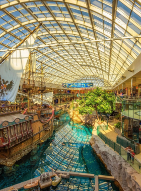 "This image shows the exterior of West Edmonton Mall, a massive shopping and entertainment complex located in Edmonton, Alberta. The mall features a variety of shops, restaurants, amusement park rides, an indoor waterpark, and Sea Life Caverns. Visitors can enjoy shopping, entertainment, and family fun all in one place. The vibrant and bustling atmosphere makes it a popular destination for tourists and locals alike, offering something for every age group.