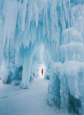 This image shows the Ice Castles at Hawrelak Park during winter, a stunning winter attraction in Edmonton. The ice sculptures and frozen waterfalls are illuminated with lights, creating a magical winter wonderland. Visitors can wander through the castle-like structures, marveling at the intricate ice formations. It’s a must-see experience during the winter months, offering a unique and beautiful setting for both photography and exploration."