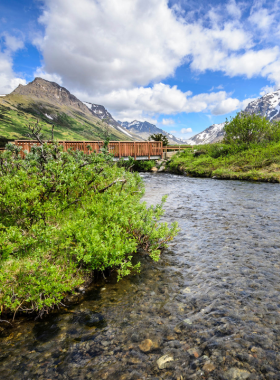 This image shows that Chugach State Park is one of the largest urban parks in the U.S. and a haven for outdoor activities. The photo highlights the park's vast landscapes, with its snow-capped mountains, rugged trails, and pristine lakes. It’s a perfect location for hiking, wildlife watching, and enjoying nature. The park offers panoramic views of Anchorage and its surroundings, making it a must-visit for anyone looking to escape into nature while still being close to the city.