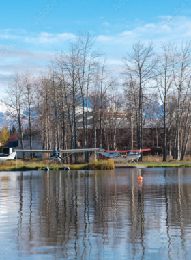 This image shows that Lake Spenard is a picturesque spot in Anchorage, known for its close proximity to the seaplane base at Lake Hood. The photo captures the calm waters of the lake, with planes taking off and landing in the background. It’s a peaceful location to watch aviation in action while enjoying the beauty of the surrounding landscape. Lake Spenard is a relaxing spot, ideal for plane enthusiasts, photographers, or anyone looking to unwind in a scenic, tranquil setting near Anchorage.