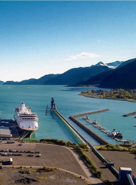 This image shows that the Anchorage Cruise Port is a bustling waterfront area where visitors can embark on Alaskan cruises. The photograph captures the vibrant port, with ships docked alongside the scenic waters. The surrounding views of mountains and the bay create a beautiful setting for travelers to start their journey. The cruise port is a popular starting point for cruises to various Alaskan destinations, making it an essential stop for tourists looking to explore the natural wonders of the region.