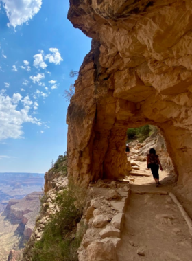 This image shows a scenic drive along the South Rim of the Grand Canyon, where visitors can enjoy beautiful views of the canyon at various overlooks. The road winds along the rim, offering multiple places to stop and take in the expansive views of the canyon's rock formations and the Colorado River below. It’s a relaxed way to experience the Grand Canyon's beauty, ideal for those who prefer to take their time and enjoy the breathtaking landscape from the comfort of their vehicle."