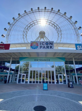 This image shows ICON Park, a 400-foot observation wheel in Orlando, offering stunning panoramic views of the city skyline and theme parks. The wheel provides a peaceful, scenic experience that gives visitors a bird’s-eye view of the surrounding area. The area also has shopping, dining, and entertainment options, making it a great place to relax and enjoy breathtaking views, creating memorable moments for visitors of all ages.