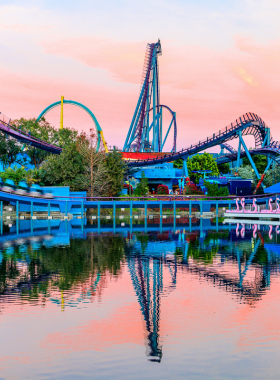 This image shows SeaWorld Orlando, where visitors can enjoy thrilling roller coasters and up-close experiences with marine life. The park features exciting attractions like the Mako coaster, animal exhibits, and live shows. SeaWorld offers an exciting mix of entertainment and education, where guests can explore the wonders of the ocean and enjoy thrilling rides, making it a perfect family-friendly destination for adventure and learning.