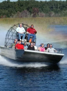 This image shows a thrilling airboat ride through the Florida Everglades at Boggy Creek Airboat Rides. Visitors can explore lush swamps and wetlands while spotting wildlife such as alligators, birds, and other creatures. The airboat adventure offers an adrenaline-pumping and scenic way to experience the beauty of Florida’s natural environment, making it a fun and unique outdoor activity that is sure to provide lasting memories.