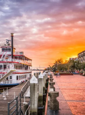 This image shows the lively atmosphere of River Street in Savannah, Georgia. Visitors stroll along the historic waterfront street, exploring the various shops, galleries, and restaurants. The cobblestone streets are lined with boutiques and food stalls offering local treats, such as pralines and seafood. The bustling area captures the charm and character of Savannah while offering unique shopping and dining experiences along the scenic riverfront.