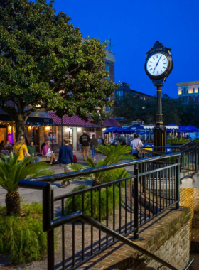 This image shows the lively Savannah City Market, filled with people exploring local shops, art galleries, and restaurants. The street is bustling with visitors enjoying the vibrant atmosphere, while local vendors offer unique souvenirs and delicious foods. City Market is a cultural hub in the heart of Savannah, reflecting the city’s creative spirit and offering a mix of shopping, dining, and entertainment for all visitors.