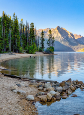 This image shows that Redfish Lake is a peaceful fishing destination in the heart of Sun Valley, with crystal-clear waters surrounded by stunning mountain scenery. Anglers can enjoy a relaxing day fishing for rainbow trout or simply soaking in the tranquility of the lake. The beautiful location makes it a great spot for both novice and experienced fishers, and the serene atmosphere adds to the experience, making Redfish Lake one of Sun Valley’s most beloved spots for fishing and outdoor recreation.