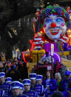 This image shows the vibrant Mardi Gras parade in New Orleans, with extravagant floats, people dressed in colorful costumes, and crowds of revelers celebrating the iconic festival. Mardi Gras is a centuries-old tradition in New Orleans, featuring live music, street parties, and bead-throwing. It’s a lively and festive time in the city, drawing thousands of visitors every year.