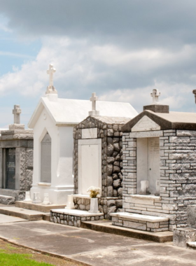 This image shows the unique above-ground tombs in one of New Orleans’ historic cemeteries, like St. Louis Cemetery. The city’s cemeteries, known for their distinctive burial practices, are filled with intricate tombs and historical significance. Many tombs belong to prominent figures in the city’s history, including Marie Laveau, the legendary Voodoo Queen. The above-ground tombs were used due to New Orleans' high water table.