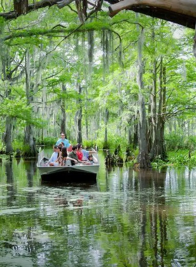 This image shows a boat gliding through the swamps near New Orleans, with alligators swimming in the water and lush greenery surrounding the boat. The swamp tour gives visitors a close-up view of Louisiana’s unique wetland ecosystem, where they can spot wildlife like alligators, wild birds, and turtles while learning about the Cajun culture and the delicate environment.