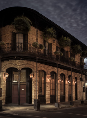 This image shows a haunted tour group walking through the dark streets of the French Quarter, with a guide sharing spooky stories about New Orleans' supernatural history. The city is known for its ghostly legends and haunted sites, and the tours offer a thrilling experience for those interested in the paranormal side of New Orleans’ rich past.