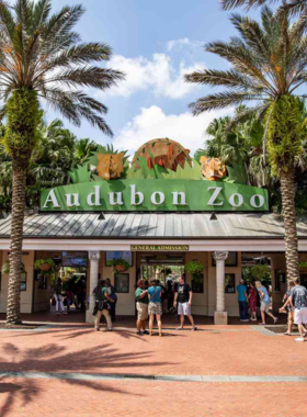 This image shows the Audubon Zoo in New Orleans, with visitors enjoying the animal exhibits and lush landscaping. The zoo is home to a wide range of animals from around the world, including elephants, giraffes, and exotic birds. It’s a family-friendly destination offering educational experiences and a chance to connect with wildlife in a beautiful natural setting.