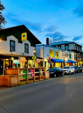 This image shows a charming street in downtown Bar Harbor, lined with unique boutiques, cozy cafés, and local shops. Visitors can explore the small-town charm of Bar Harbor by strolling down Main Street, stopping to browse handmade gifts, local books, and artisan goods. The image captures the vibrant atmosphere of the town, offering a glimpse of the culture and spirit that defines the area.