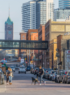 This image shows the North Loop neighborhood in Minneapolis, a trendy and vibrant area known for its mix of historic buildings, modern shops, and stylish restaurants. The neighborhood has become one of the city’s hottest spots for dining, nightlife, and shopping, with its unique blend of old and new. Visitors can enjoy exploring the area on foot, discovering local boutiques, art galleries, and cafés, making it a popular destination for both locals and tourists.