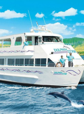 This image shows a group of tourists aboard a boat, watching playful bottlenose dolphins jumping out of the water in the Gulf of Mexico. The bright blue ocean stretches out to the horizon, with a few seagulls flying overhead. The passengers, some holding cameras and binoculars, are smiling and pointing at the dolphins leaping beside the boat. The sun casts a golden glow on the water, creating a picture-perfect moment of nature and wildlife at its best.