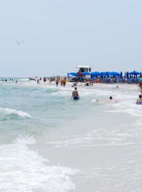 This image shows the pristine beaches of Ship Island, with clear blue waters gently touching the soft white sand. Beachgoers are seen sunbathing on colorful towels, while others swim in the shallow waters. A wooden boardwalk leads to Fort Massachusetts, a historic brick structure where tourists are taking guided tours. The sky is bright and sunny, making it a perfect day for a relaxing island getaway with stunning natural scenery.