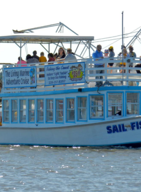 This image shows a boat crew demonstrating how to catch shrimp using a large net. The fishermen pull up the net, revealing fresh shrimp, crabs, and small fish. Tourists on the boat watch closely, some taking photos while others listen to the guide explaining the shrimping process. The sun shines over the calm bay waters, making it a fun and educational tour for all ages.