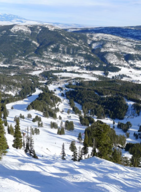 This image shows skiers and snowboarders gliding down the snow-covered slopes of Bridger Bowl. The ski resort is nestled between towering peaks, and the slopes are blanketed in fresh powder. A ski lift in the background carries more people to the top. Some skiers are seen carving sharp turns, while beginners practice on gentle slopes. The sun shines brightly, casting long shadows on the snow, and the clear blue sky makes the scene even more stunning.