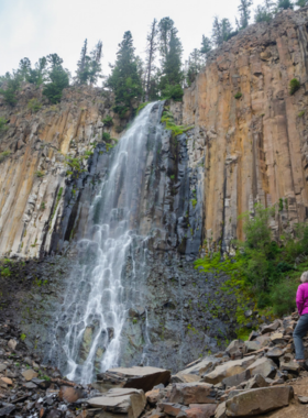 This image shows a stunning waterfall cascading down the rocky cliffs of Hyalite Canyon. The water tumbles into a crystal-clear pool surrounded by moss-covered rocks and dense green foliage. A group of hikers stands at a distance, admiring the view. Sunlight filters through the tall trees, casting dappled light on the forest floor. The setting is serene, making it a perfect escape into nature.