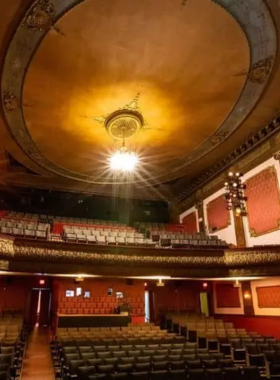 This image shows the historic Ellen Theatre in Bozeman, with its classic marquee sign lit up at night. The building’s vintage architecture adds charm, while a crowd gathers outside, waiting for a show. Inside, the theater has red velvet seats, a grand stage, and golden decorative details that give it an elegant and timeless appeal.